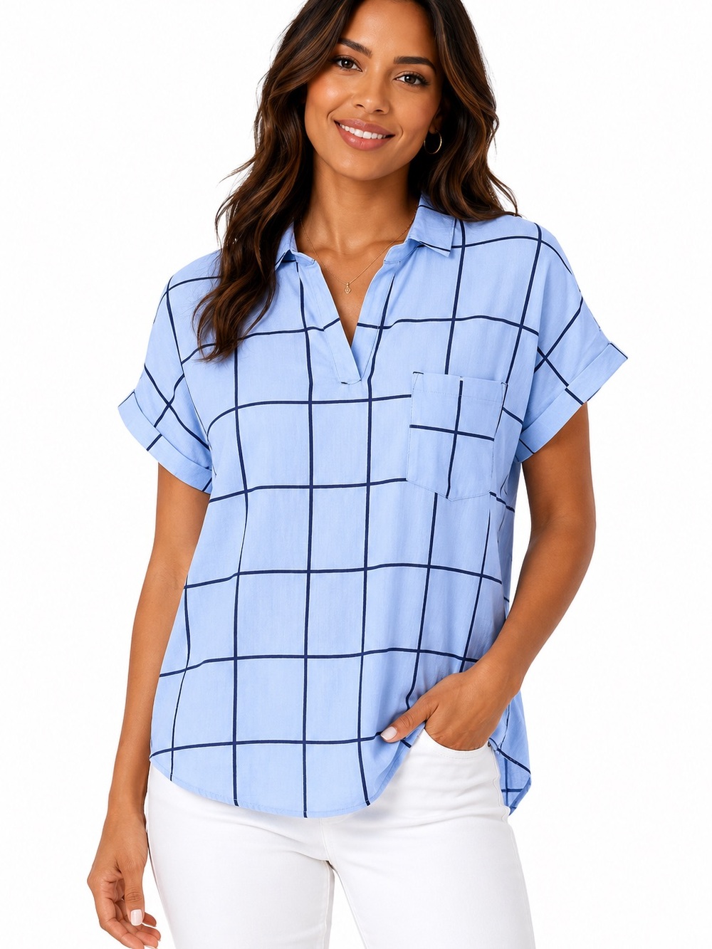 NEW Light Blue shortsleeved V-neck with Navy‎ checkered top, Size Large, NWOT